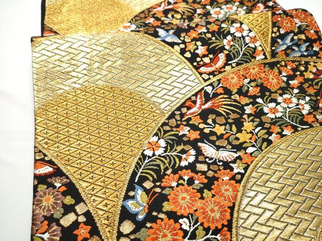平和屋着物●西陣 河合美術織物謹製 六通柄袋帯 唐織 扇面花蝶文 黒地 金糸 正絹 逸品 CABE0097hy