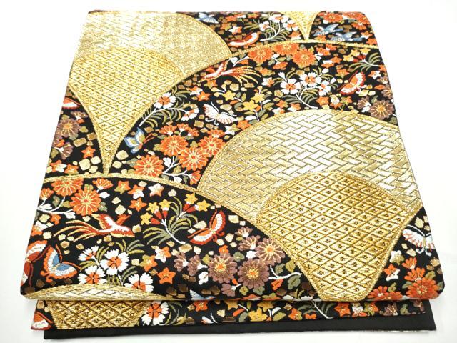 平和屋着物●西陣 河合美術織物謹製 六通柄袋帯 唐織 扇面花蝶文 黒地 金糸 正絹 逸品 CABE0097hy