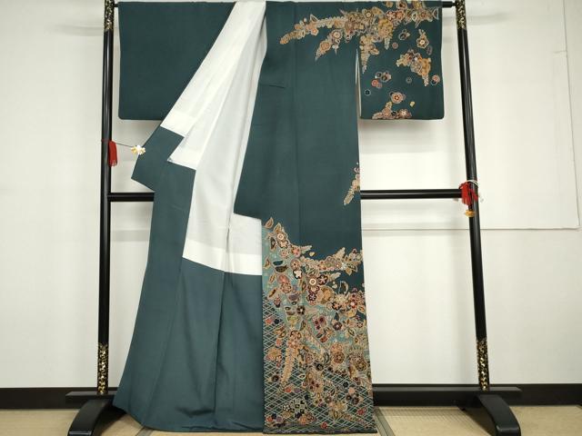 平和屋着物●訪問着 中国三大刺繍 汕頭刺繍 スワトウ刺繍 相良刺繍 雪輪枝花文 金糸 鬼しぼ縮緬 正絹 逸品 AABG6708cs