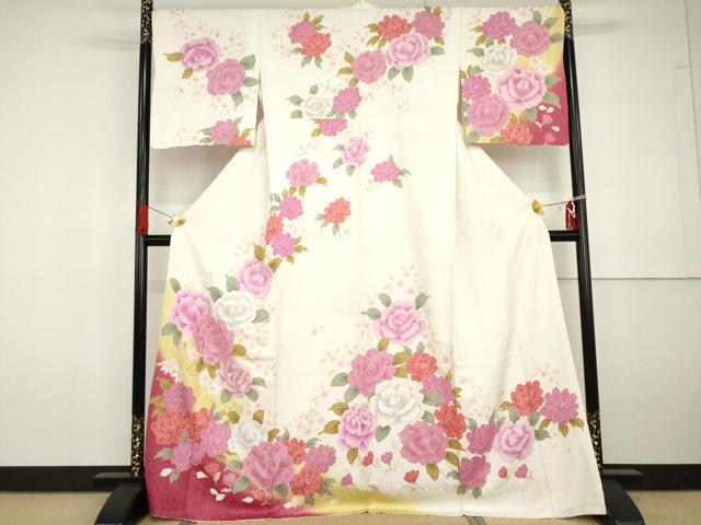 平和屋着物●訪問着 草花文 暈し染め 金彩 銀通し地 正絹 逸品 AABG6714cs