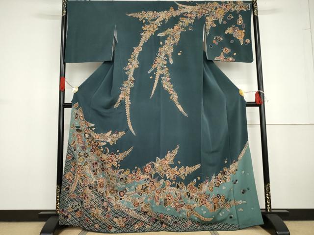 平和屋着物●訪問着 中国三大刺繍 汕頭刺繍 スワトウ刺繍 相良刺繍 雪輪枝花文 金糸 鬼しぼ縮緬 正絹 逸品 AABG6708cs
