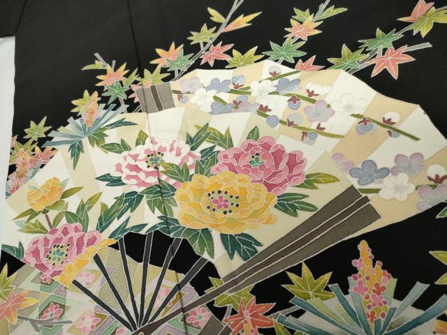 平和屋着物●本加賀友禅作家 高野富夫 黒留袖 扇面花松楓文 正絹 逸品 AABG6718cs