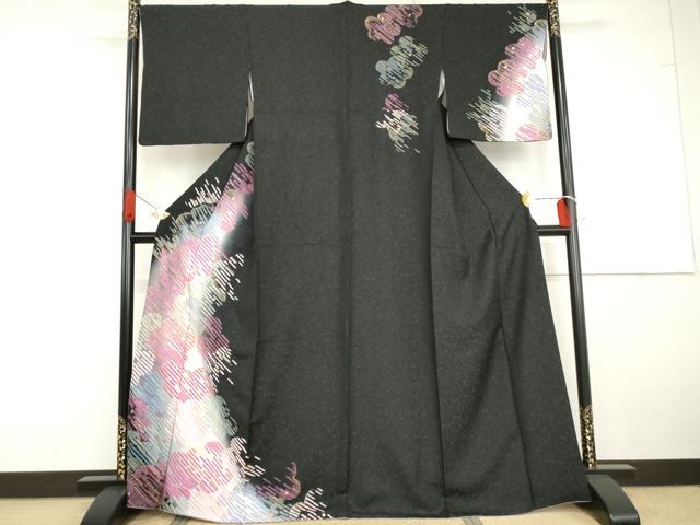 平和屋着物●訪問着 龍絞り 舞花文 暈し染め 黒地 金彩 銀通し地 正絹 逸品 AABG7803cs