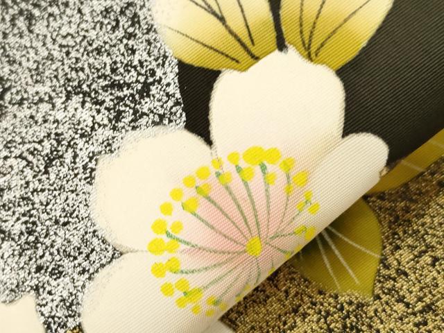 平和屋着物●塩瀬 九寸開き名古屋帯 手描き 地紙草花文 黒地 金銀彩 正絹 逸品 CABD4326dy