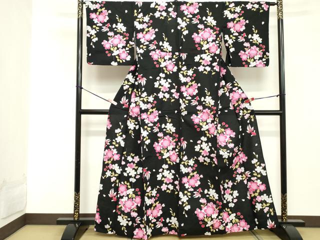 平和屋着物∴夏物 浴衣 枝垂れ桜 金魚 黒地 綿 逸品 DABD2617cd