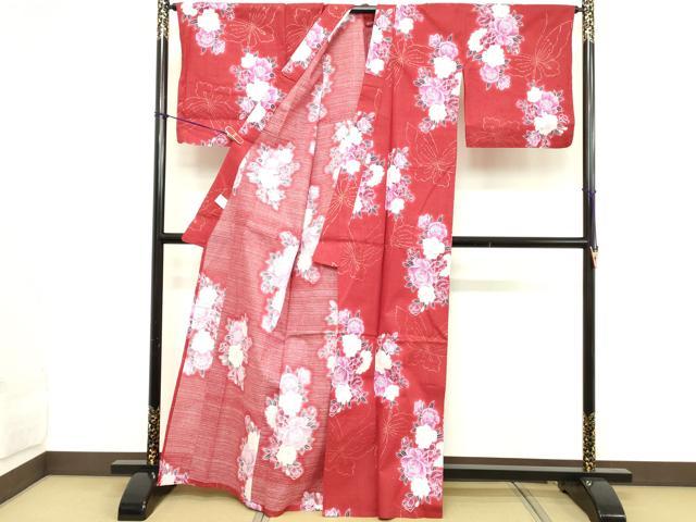 平和屋着物∴夏物 浴衣 花蝶文 金彩 綿紅梅 逸品 DABD2622cd