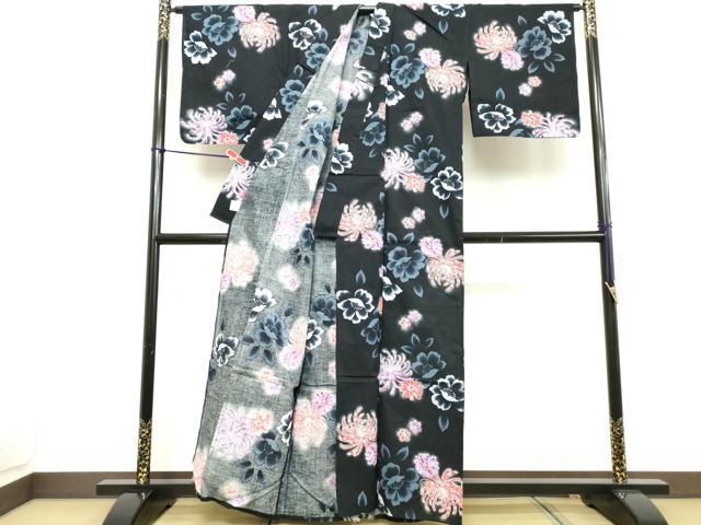 平和屋着物∴夏物 浴衣 乱菊 黒地 綿 逸品 DABD2636cd