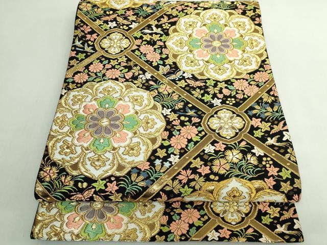 平和屋着物●極上 西陣 河合康幸謹製 六通柄袋帯 唐織 正倉院花鳥文 黒地 金糸 逸品 DZAB5562kh6