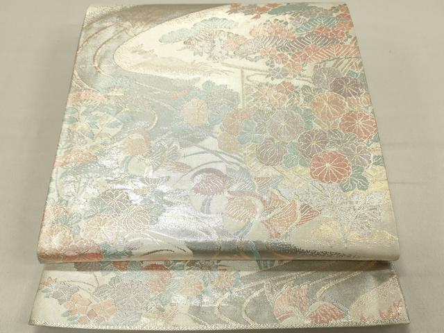 平和屋着物◎佐賀錦 六通柄袋帯 鴛鴦花文 プラチナ箔 正絹 逸品 DABC7813ya