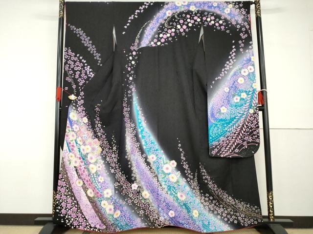 平和屋着物●豪華振袖 辻が花 暈し染め 黒地 金彩 鈴乃屋扱い 正絹 逸品 AABG7894cs