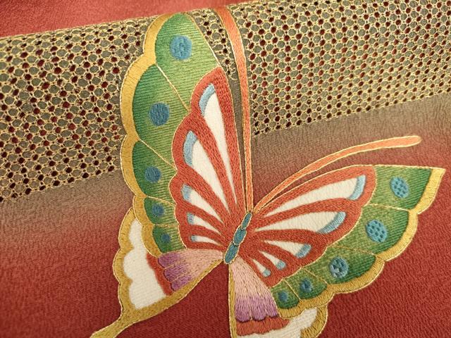 平和屋着物●総刺繍 振袖 舞蝶文 暈し染め 金糸 正絹 逸品 AABG7882cs