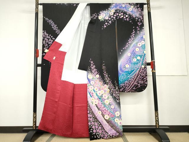 平和屋着物●豪華振袖 辻が花 暈し染め 黒地 金彩 鈴乃屋扱い 正絹 逸品 AABG7894cs