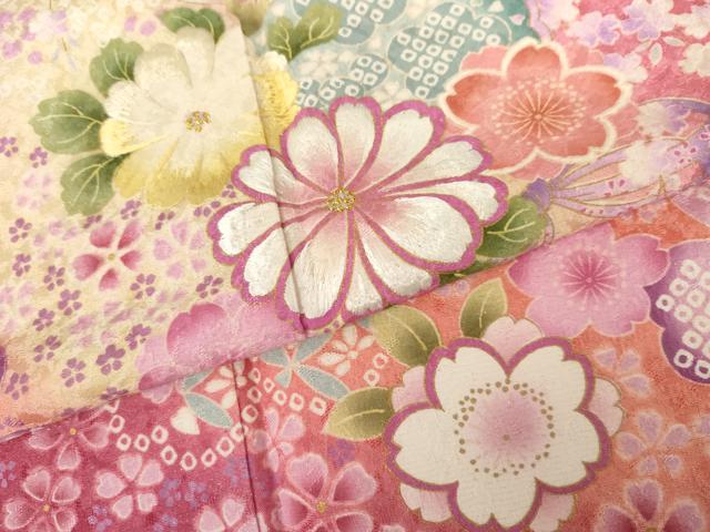 平和屋着物●豪華振袖 刺繍 雪輪舞花文 暈し染め 金糸 金彩 銀通し地 正絹 逸品 AABG7884cs