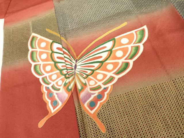 平和屋着物●総刺繍 振袖 舞蝶文 暈し染め 金糸 正絹 逸品 AABG7882cs