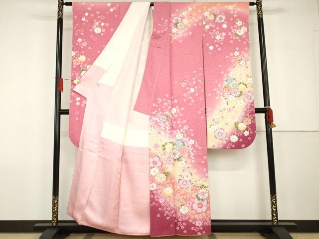 平和屋着物●豪華振袖 刺繍 雪輪舞花文 暈し染め 金糸 金彩 銀通し地 正絹 逸品 AABG7884cs