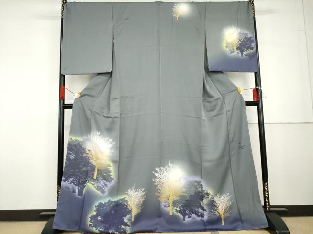 平和屋着物●日展作家 山本唯与志 レリーフ染 訪問着 樹林文 暈し染め 正絹 逸品 未使用 AABG7915cs