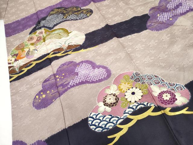 平和屋着物●豪華振袖 友禅 絞り 花鳥松文 金彩 正絹 逸品 AABG7922cs