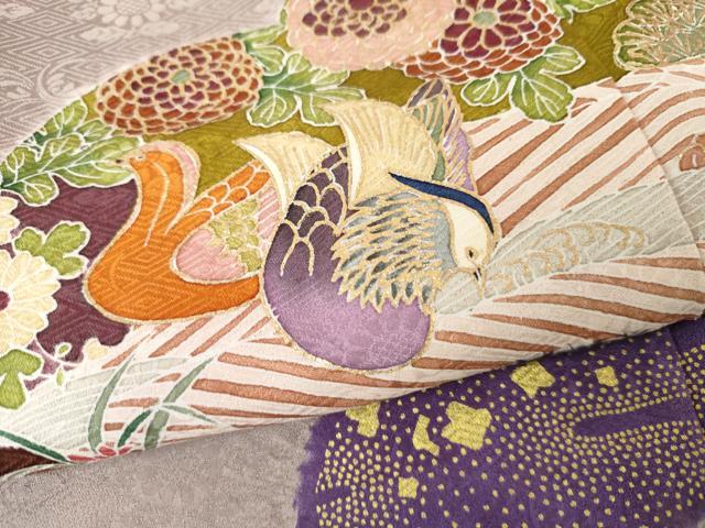 平和屋着物●豪華振袖 友禅 絞り 花鳥松文 金彩 正絹 逸品 AABG7922cs