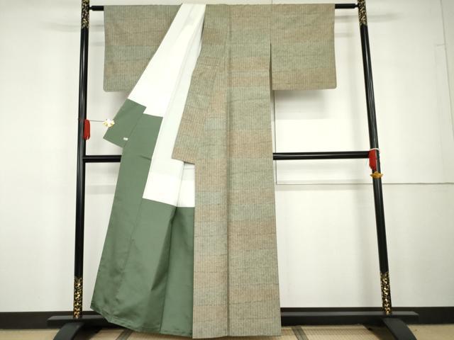 平和屋着物●伝統工芸品 伊那紬 手織り 変わり横段文 さが美扱い 証紙付き 正絹 逸品 AABG7924cs