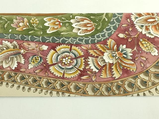 平和屋着物●極上 塩瀬 九寸名古屋帯 作家物 手描き 更紗花鳥文 逸品 DZAB5582kh6