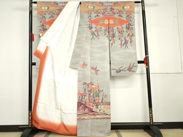 平和屋着物●本場琉球紅型 振袖 花鳥舞蝶文 正絹 逸品 AABG7967cs