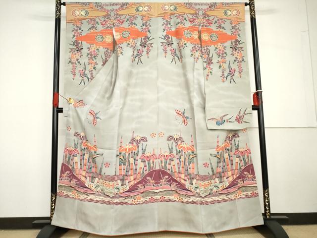 平和屋着物●本場琉球紅型 振袖 花鳥舞蝶文 正絹 逸品 AABG7967cs