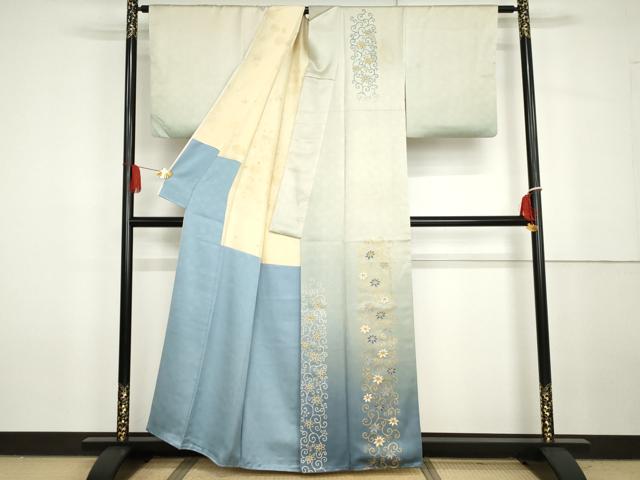 平和屋着物●人間国宝 福田喜三郎 訪問着 中国三大刺繍 相良刺繍 花唐草文 暈し染め 金彩 正絹 逸品 AABG7968cs