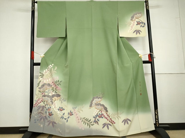 平和屋着物●染色作家 草野一騎 訪問着 笹松文 暈し染め 金彩 正絹 逸品 AABG7936cs