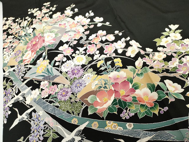 平和屋着物●本加賀友禅作家 野村絵美 黒留袖 地紙飛鶴草花文 正絹 逸品 AABG7944cs