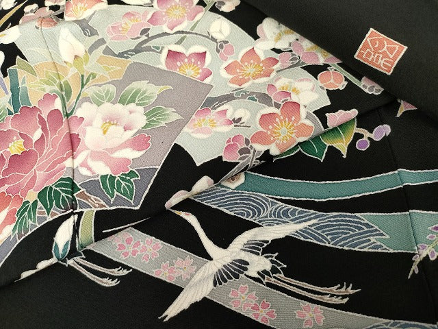 平和屋着物●本加賀友禅作家 野村絵美 黒留袖 地紙飛鶴草花文 正絹 逸品 AABG7944cs