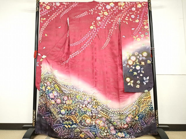 平和屋着物●伯河貞雄 振袖 辻が花 暈し染め 銀通し地 正絹 逸品 AABG7943cs