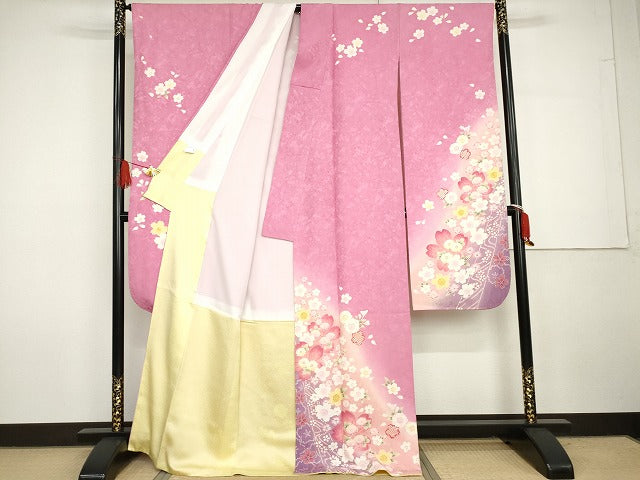 平和屋着物●豪華振袖 舞花文 暈し染め 金彩 正絹 逸品 AABG7938cs