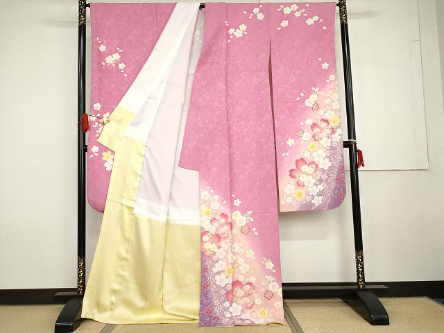 平和屋着物●豪華振袖 舞花文 暈し染め 金彩 正絹 逸品 AABG7942cs
