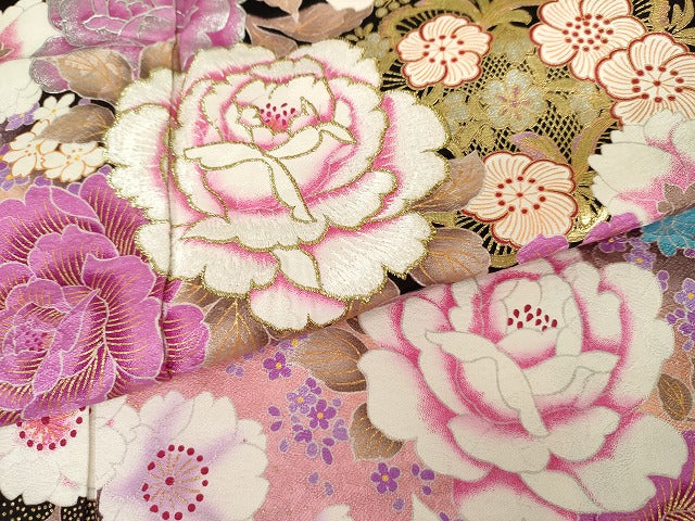 平和屋着物●豪華振袖 刺繍 枝花文 暈し染め ラインストーン 金銀彩 金糸 正絹 逸品 AABG7935cs