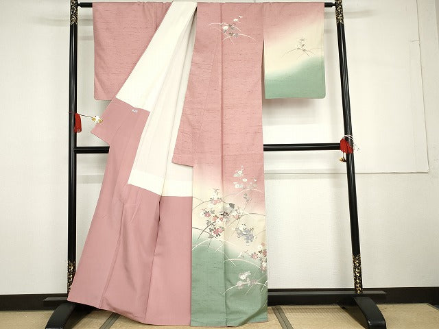 平和屋着物●石川県指定無形文化財 牛首紬 白山工房 手織り 童子に枝花 正絹 逸品 AABG7945cs