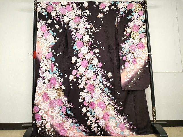 平和屋着物●豪華振袖 刺繍 枝花文 暈し染め ラインストーン 金銀彩 金糸 正絹 逸品 AABG7935cs