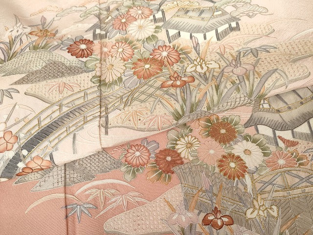 平和屋着物●訪問着 中国三大刺繍 汕頭刺繍 スワトウ刺繍 相良刺繍 渡橋風景松竹梅文 暈し染め 金糸 正絹 逸品 未使用 AABG7932cs