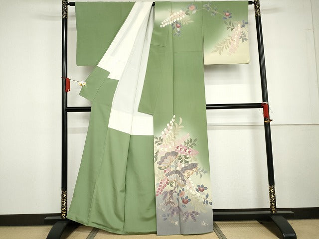 平和屋着物●染色作家 草野一騎 訪問着 笹松文 暈し染め 金彩 正絹 逸品 AABG7936cs