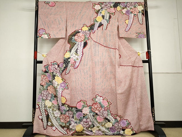平和屋着物●訪問着 駒刺繍 草花文 金彩 正絹 逸品 AABG7949cs