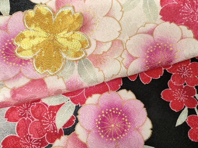 平和屋着物●豪華振袖 駒刺繍 枝垂れ花文 暈し染め 黒地 金彩 正絹 逸品 AABG7959cs