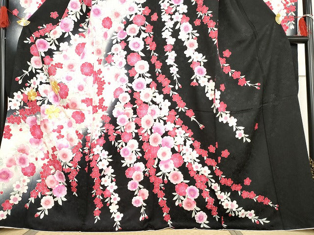 平和屋着物●豪華振袖 駒刺繍 枝垂れ花文 暈し染め 黒地 金彩 正絹 逸品 AABG7959cs