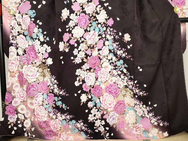 平和屋着物●豪華振袖 刺繍 枝花文 暈し染め ラインストーン 金銀彩 金糸 正絹 逸品 AABG7958cs