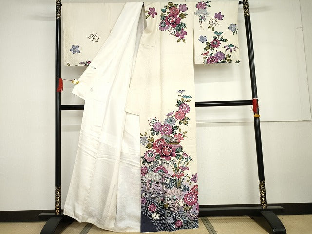 平和屋着物●訪問着 紅型 松竹梅 風景文 暈し染め 銀通し地 正絹 逸品 AABG7951cs