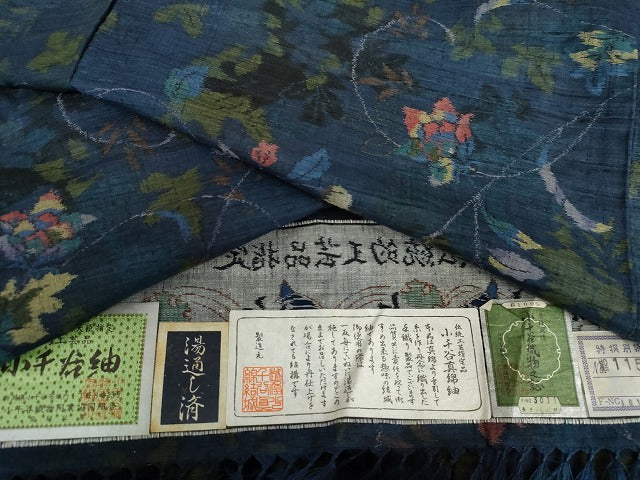 平和屋着物●小千谷紬 更紗花唐草文 証紙付き 正絹 逸品 AABG7957cs