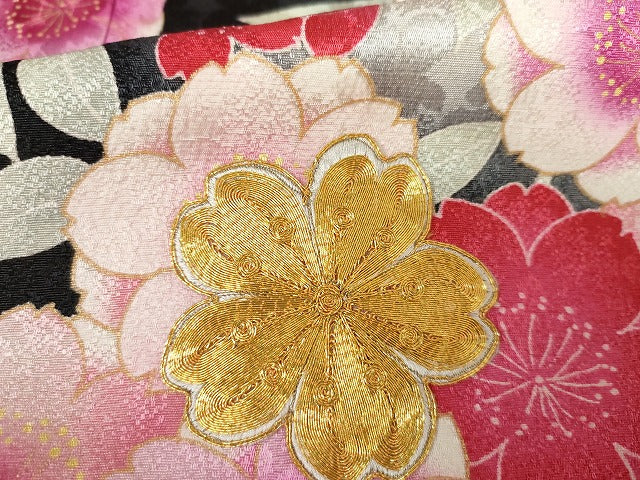 平和屋着物●豪華振袖 駒刺繍 枝垂れ花文 暈し染め 黒地 金彩 正絹 逸品 AABG7959cs