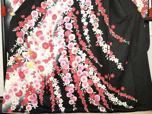 平和屋着物●豪華振袖 駒刺繍 枝垂れ花文 暈し染め 黒地 金彩 正絹 逸品 AABG7960cs
