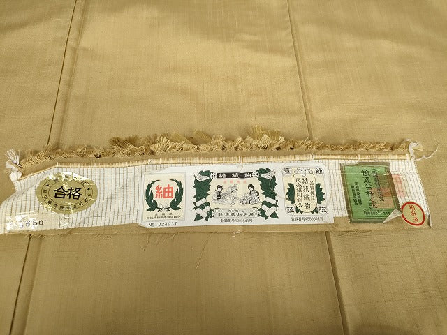 平和屋着物●結城紬 色無地 丁子色 証紙付き ロング丈 正絹 逸品 未使用 AABG7948cs