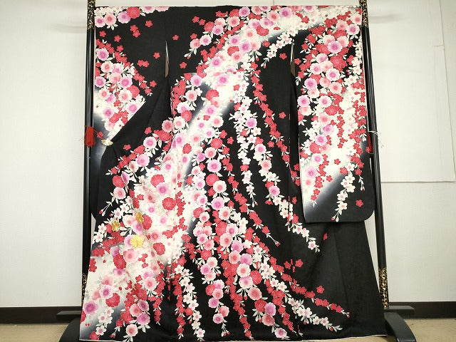 平和屋着物●豪華振袖 駒刺繍 枝垂れ花文 暈し染め 黒地 金彩 正絹 逸品 AABG7960cs