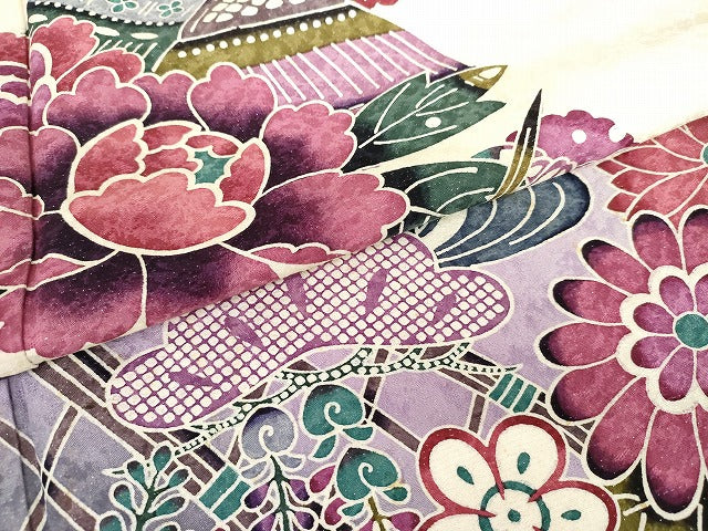 平和屋着物●訪問着 紅型 松竹梅 風景文 暈し染め 銀通し地 正絹 逸品 AABG7951cs