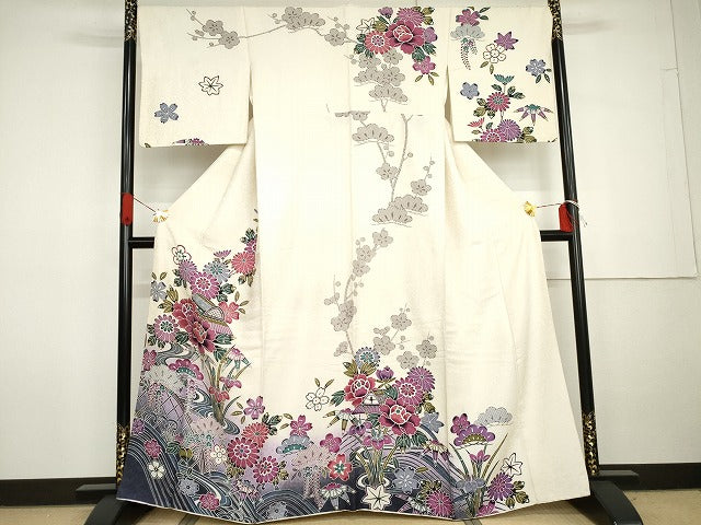 平和屋着物●訪問着 紅型 松竹梅 風景文 暈し染め 銀通し地 正絹 逸品 AABG7951cs